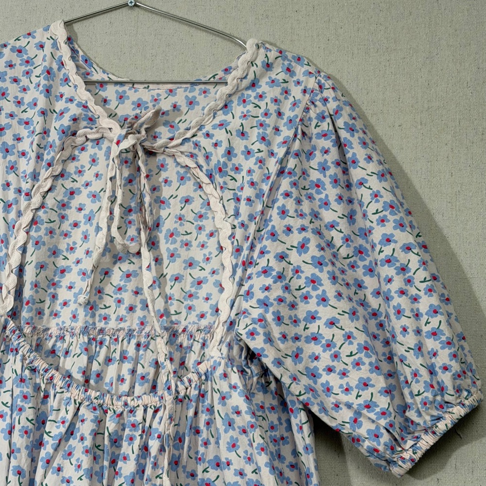 Damson Madder Greta Ditsy Floral Midi Dress UK 14 Pink Blue Puff Sleeve Pockets - Picture 5 of 13